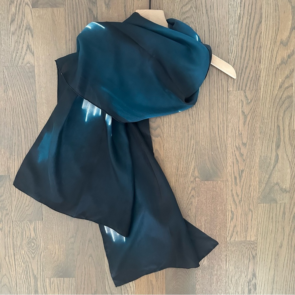 Anthro Vintage Hand-Dyed Oblong Silk Scarf Dark Turquoise White 14.5"w x 77"l